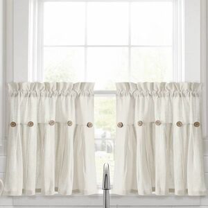 Lush Decor Linen Button Farmhouse Kitchen Curtains Tier Set 29"W x 24"LOff White